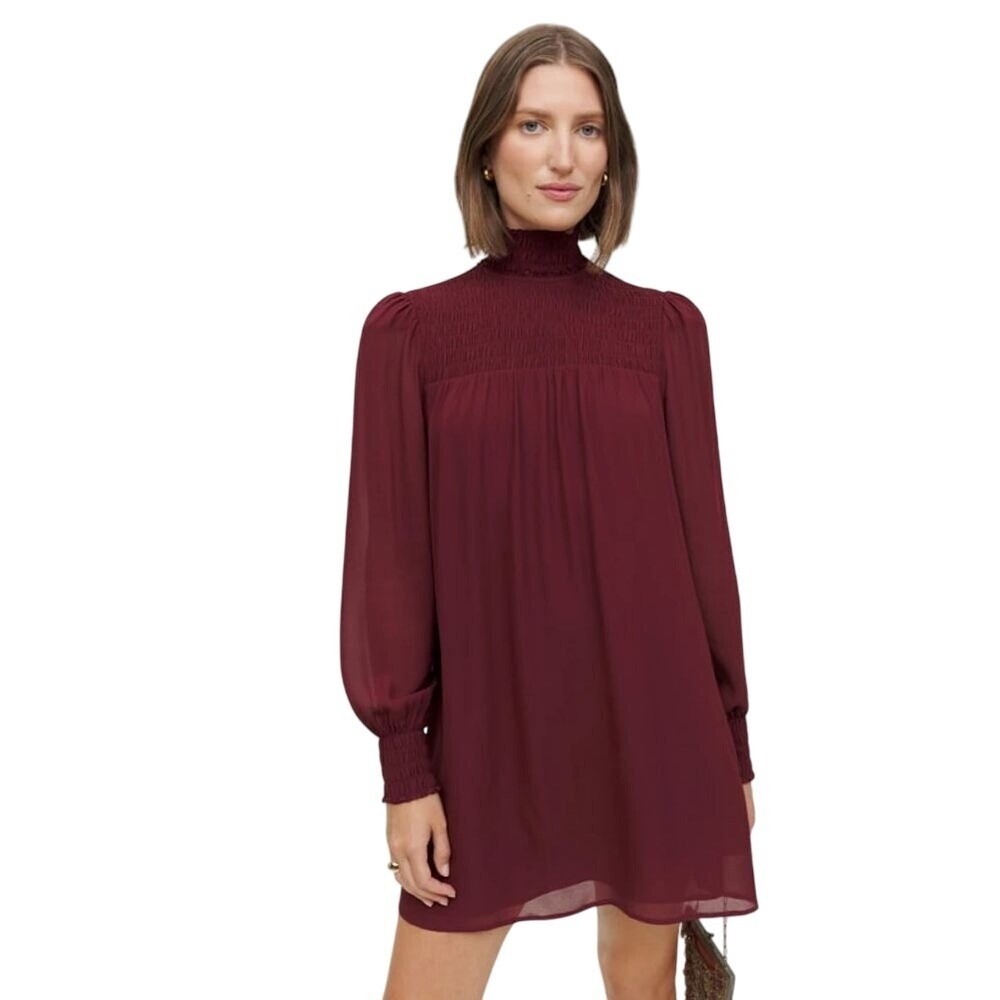 $218 REFORMATION Brandi Plum Smocked Long Sleeve Mini Dress MEDIUM Petite EUC